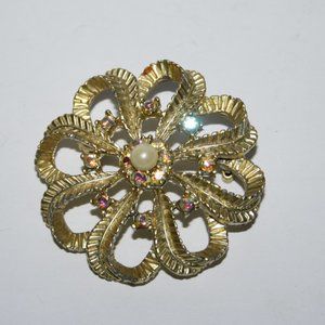 Vintage gold and AB crystal flower brooch